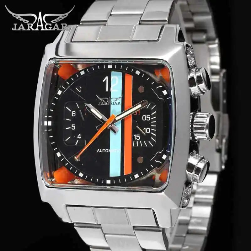 Stainless Steel Square Automatic Mechanical Watch with Date and Week for Men