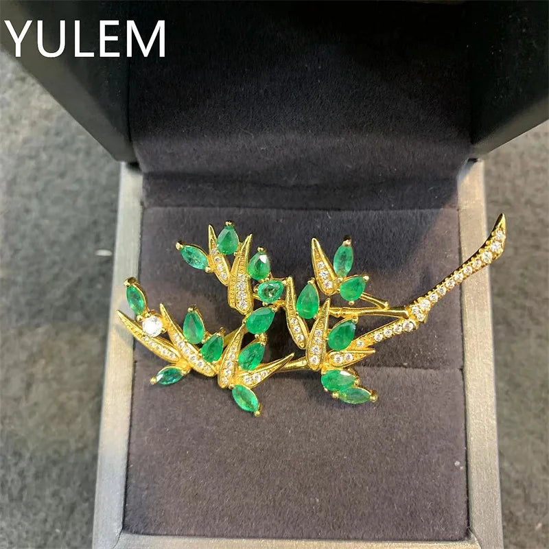 925 Sterling Silver Natural Emerald Brooch with Bamboo Leaves for Women