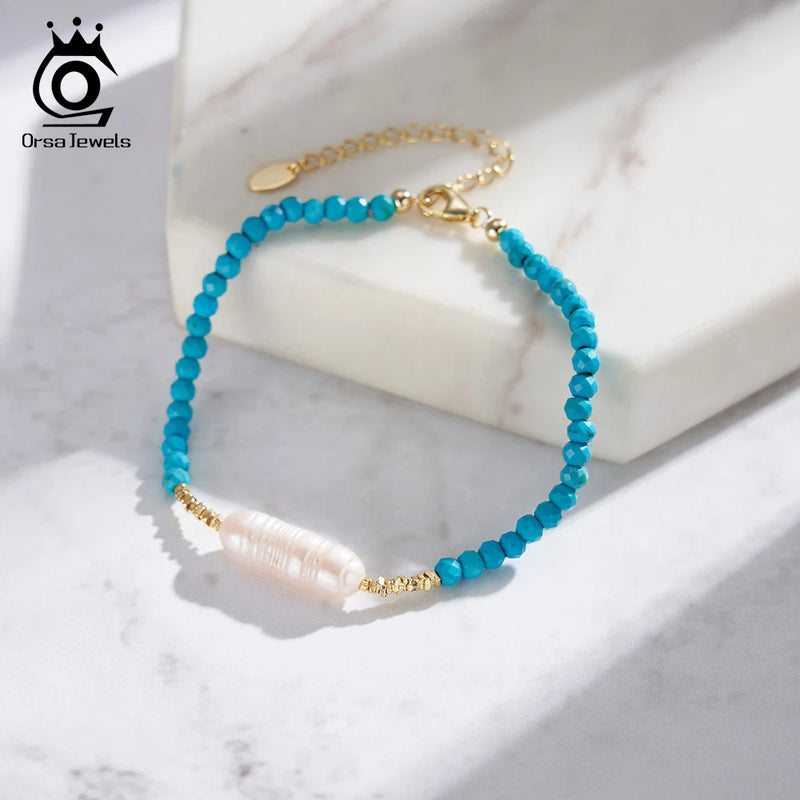 925 Silver Turquoise Stone Bracelet with Pearl for Women