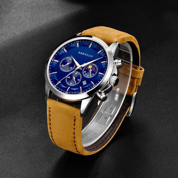 Stainless Steel Leather Luxury Waterproof Date Multifunction Watch for Men