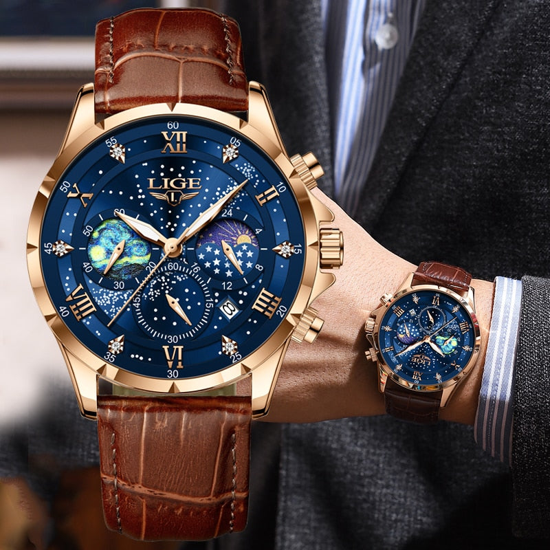 Stainless Steel Leather Luxury Casual Quartz Watch with Date Chronograph for Men