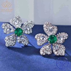 925 Sterling Silver Emerald High Carbon Diamonds Gemstone Earrings