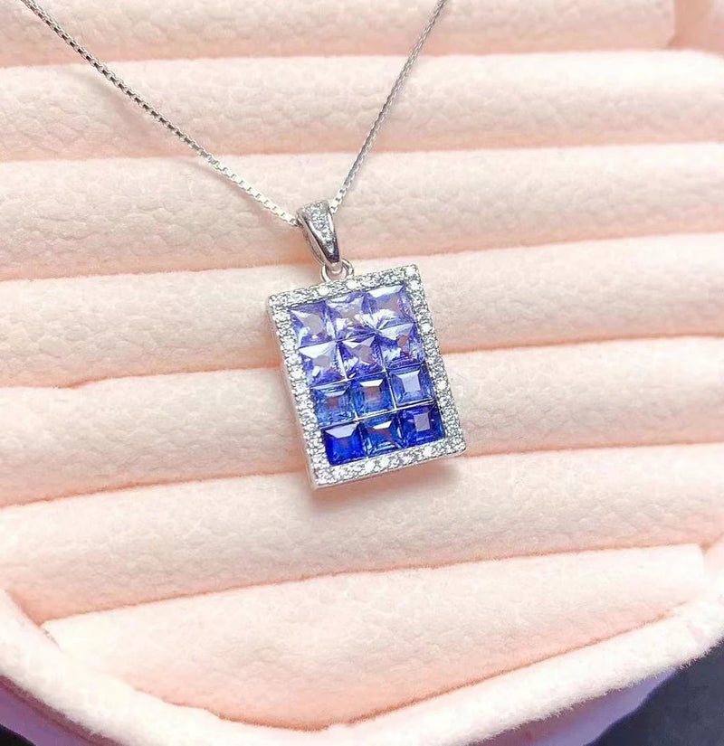 925 Sterling Silver Natural Sapphire Tanzanite Rectangle Pendant Necklace for Women