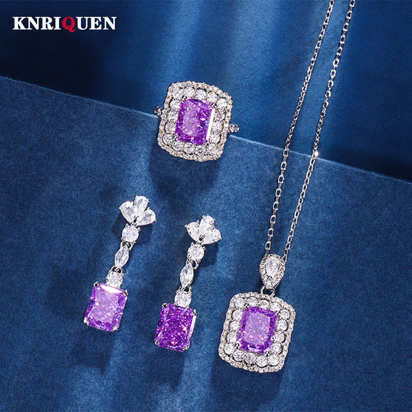 Sterling Silver Amethyst Gemstone Necklace Pendant Ring Earrings Set for Women