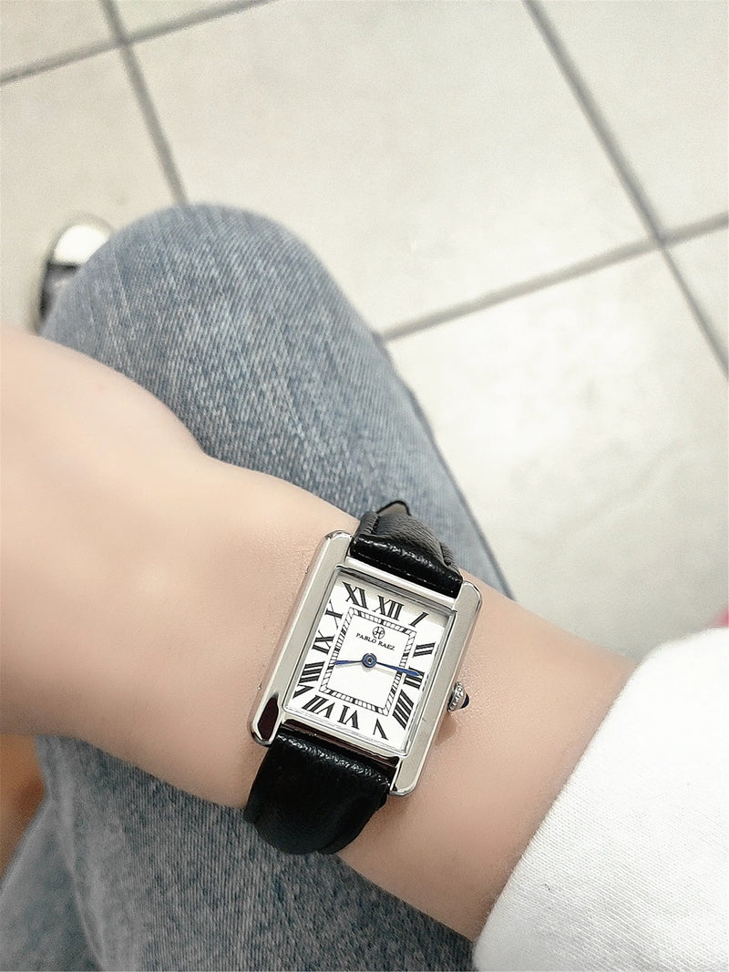 Square Luxury Watch for Women: Top Quality Soft Black Leather Band.