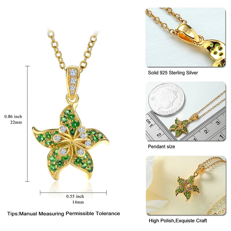 925 Sterling Silver Flower Pendant Necklace Set with Natural Diopside and 14K Gold Plating for Women