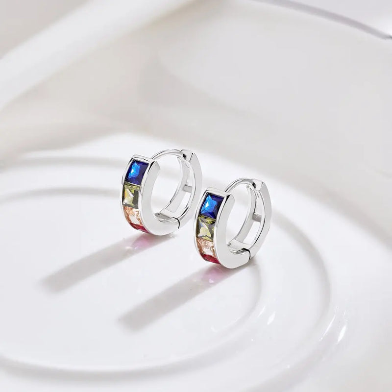 925 Sterling Silver Multicolor Square Zircon Hoop Earrings for Women