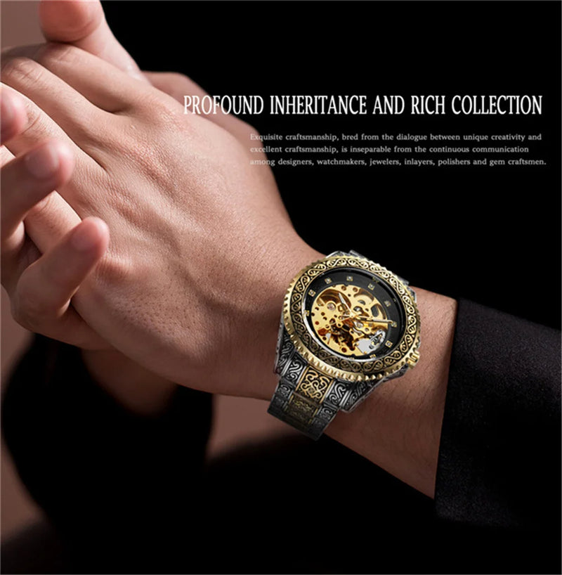 Stainless Steel Gold Automatic Mechanical Watch for Men