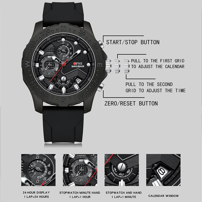 Stainless Steel Military Quartz Chronograph Wristwatch for Men