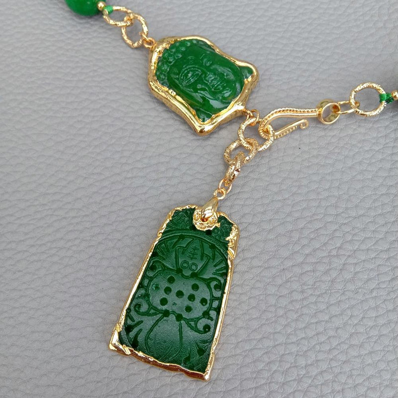Y.YING Carved Green Jade Buddha Charm Pendant Necklace Handmade Jewelry For Gift