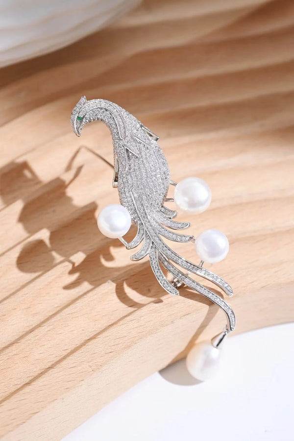 925 Sterling Silver Freshwater Pearl Diamond Bird Brooches for Women