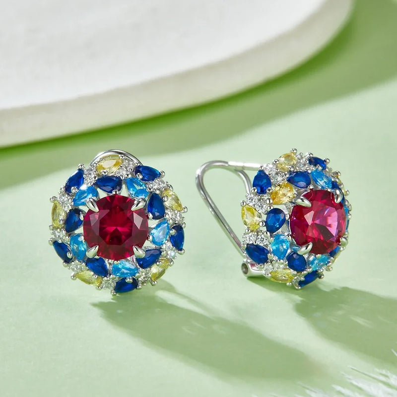 925 Sterling Silver Ruby and Sapphire Stud Earrings.