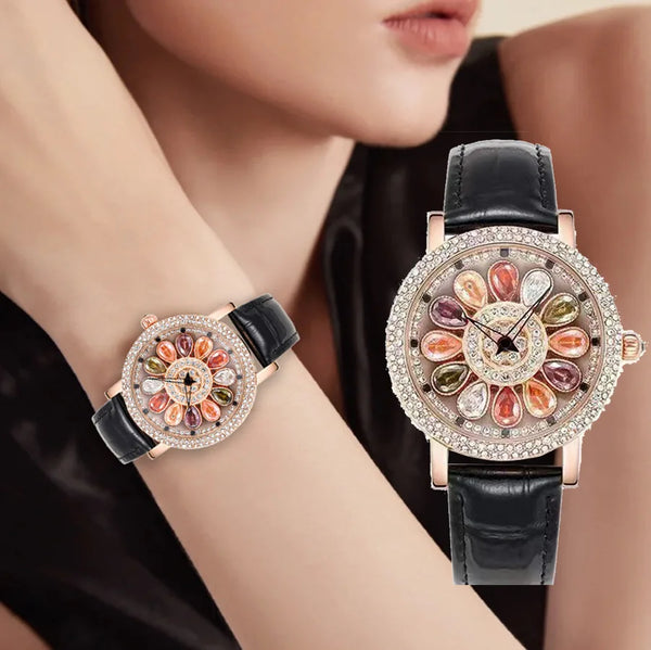 Stainless Steel Diamond Rotating Dial Watch for Women