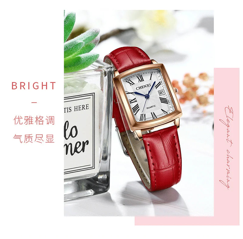 Leather Square Quartz Watch for Women