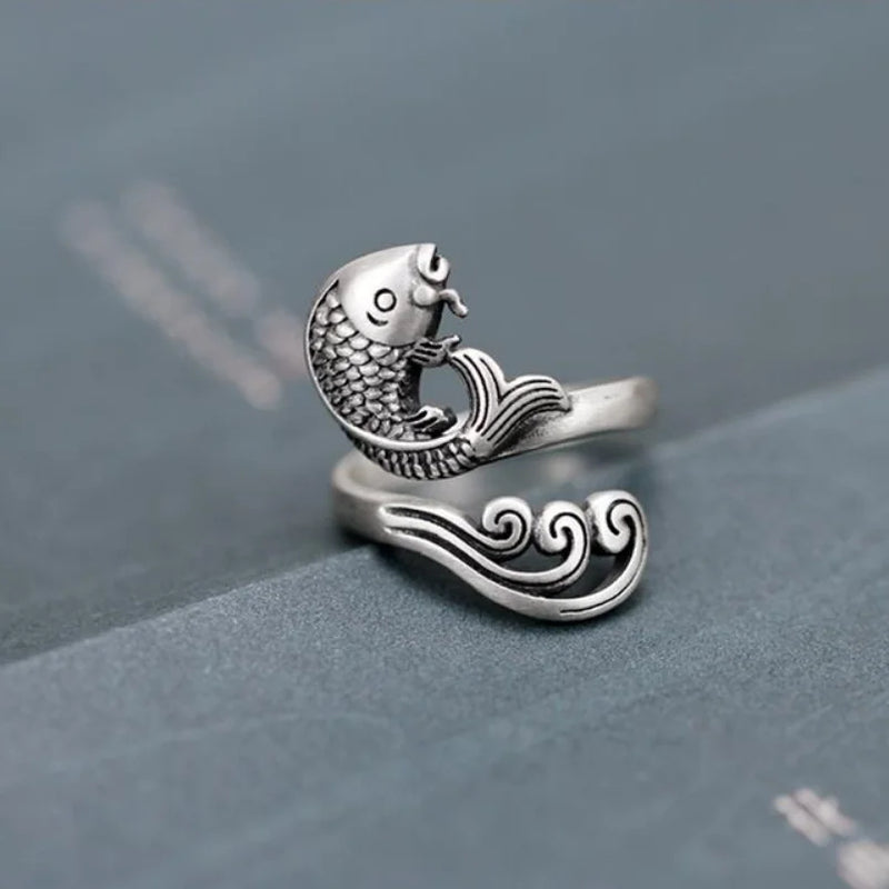 Solid Silver Retro Open Fish Ring for Women