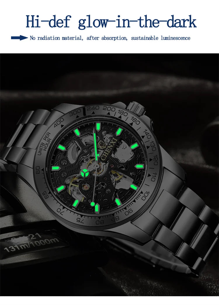 Stainless Steel Hollow Out Automatic Luminous Mechanical Watch for Men