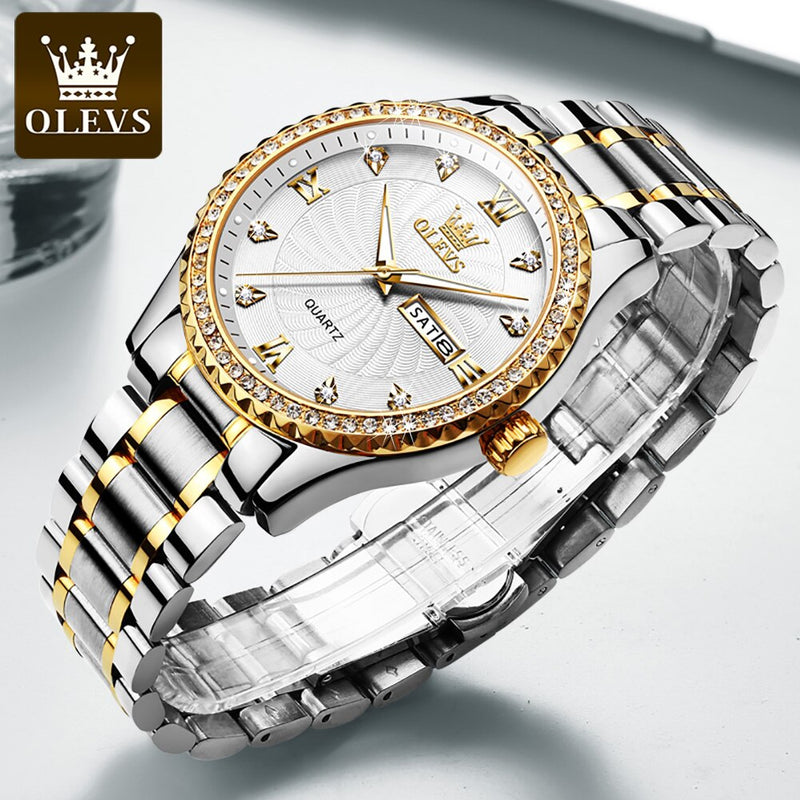 Stainless Steel Diamonds Quartz Luminous Date Week Wrist Watch for Men