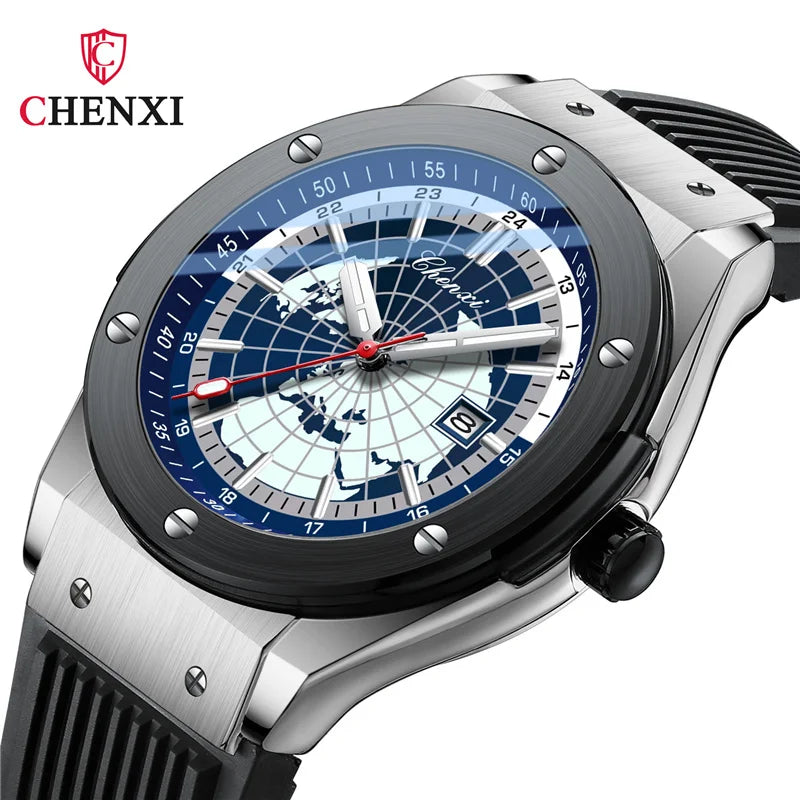 Stainless Steel World Map Sport Watch for Men