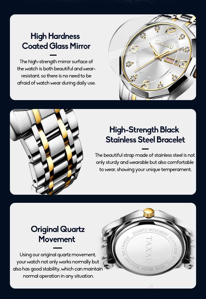 Stainless Steel Quartz Watch, Waterproof for Men