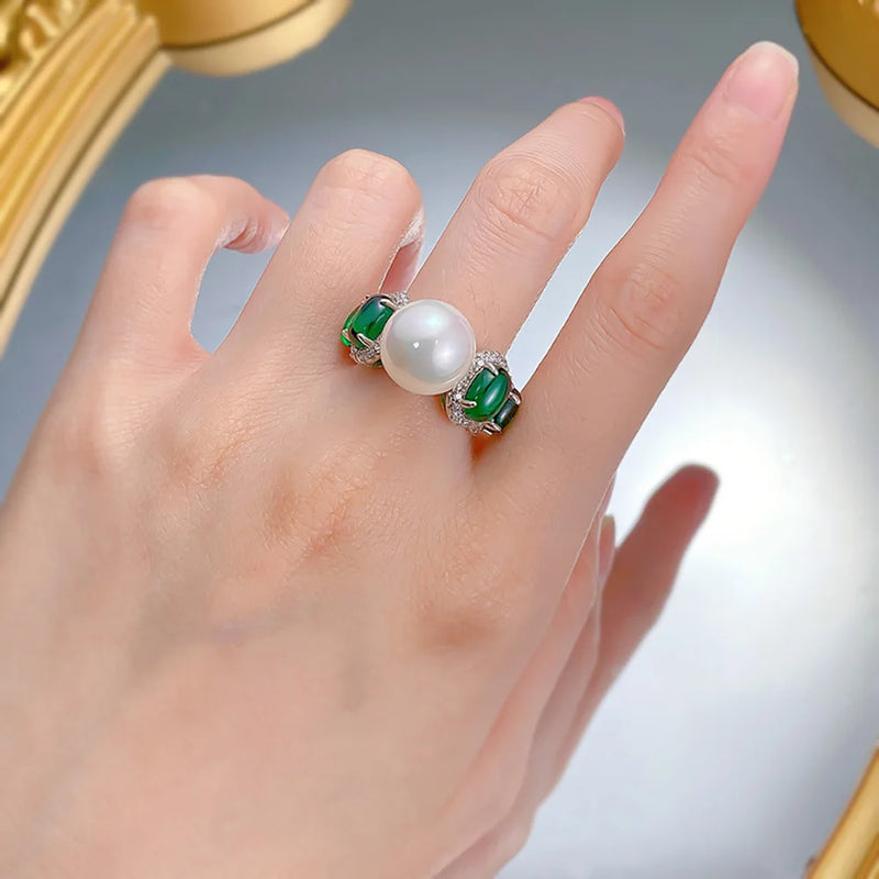 Solid 925 Silver Round Pearl & Emerald Ring for Women