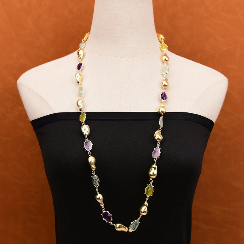 Sterling Silver Natural Fluorite, Lemon Quartz, Amethyst & Jade Long Necklace for Women