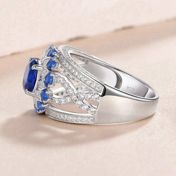 Sterling Silver White Blue Sapphire Flower Engagement Ring for Women