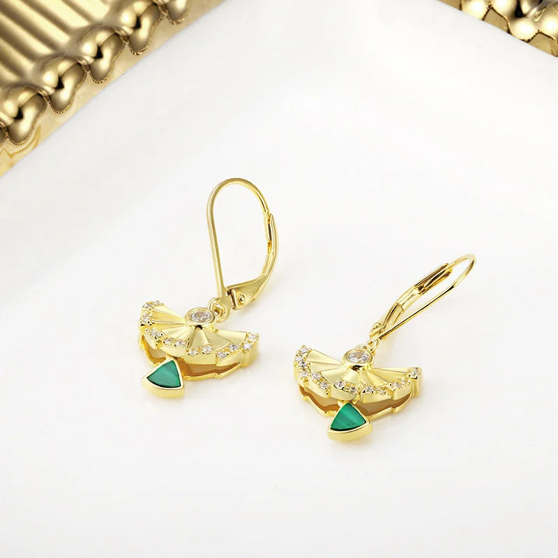 Silver Gold Plated Natural Malachite Dangle Earrings with Zircon, Geometric Fan Shape For Women