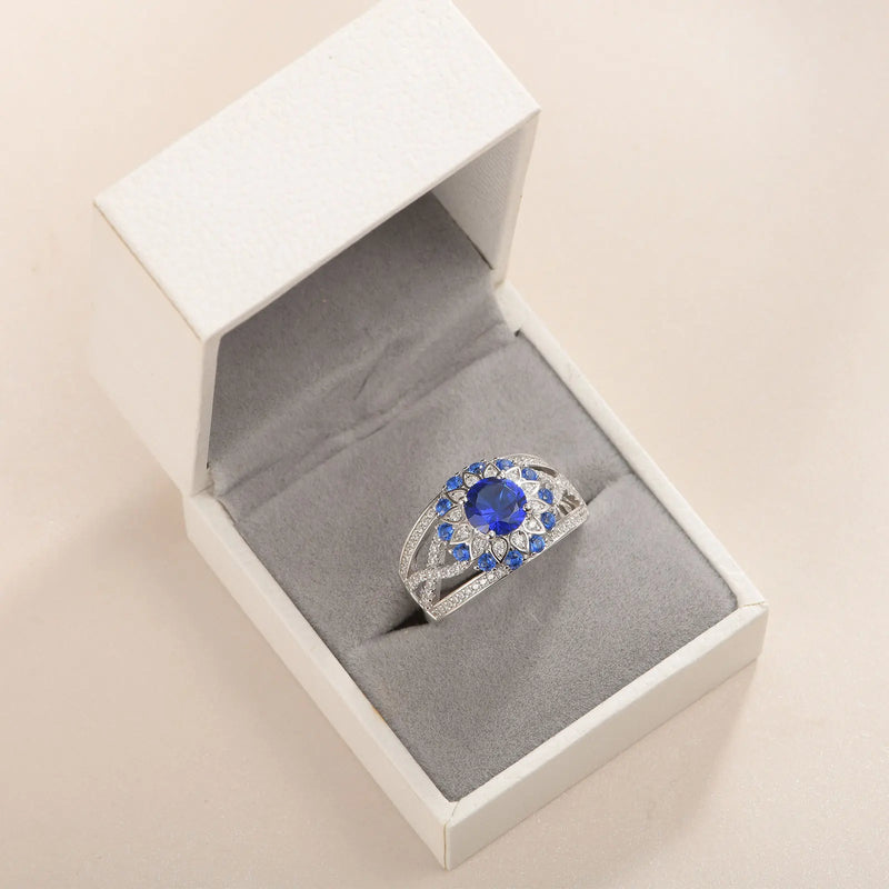 Sterling Silver White Blue Sapphire Flower Engagement Ring for Women