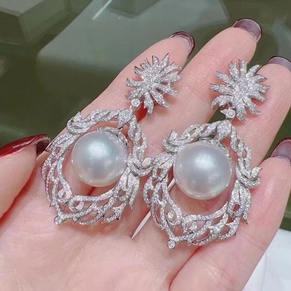 Wong Rain Luxury 925 Sterling Silver 10-12 MM Natural Pearl High Carbon Diamond Gems Sparkling Drop Earrings Customized Jewelry