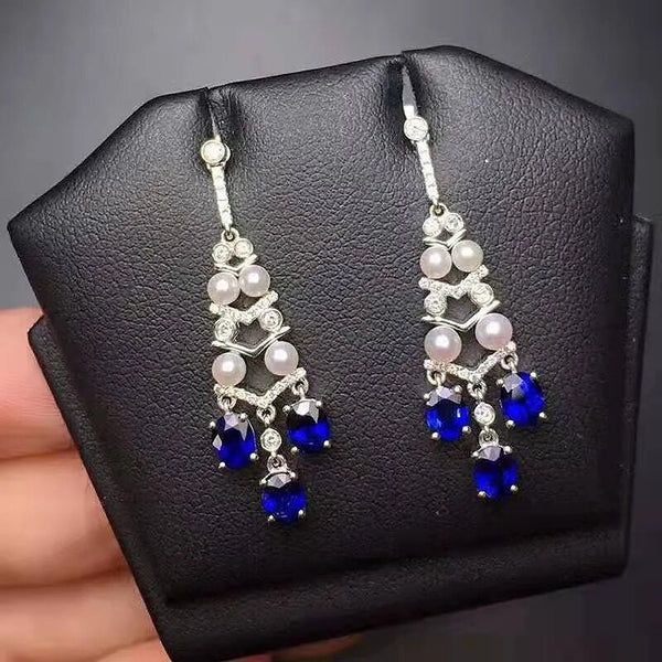 Sterling Silver 3.4 ctw Sapphire/Moonstone Fashion Earrings for Women