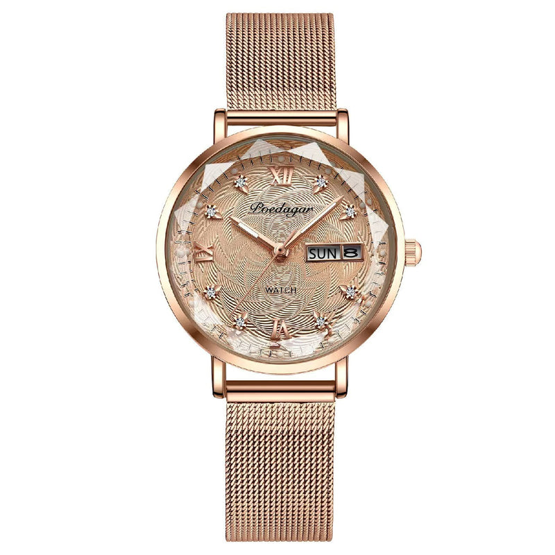 Stainless steel Luminous Quartz Date Week Waterproof Watch for women