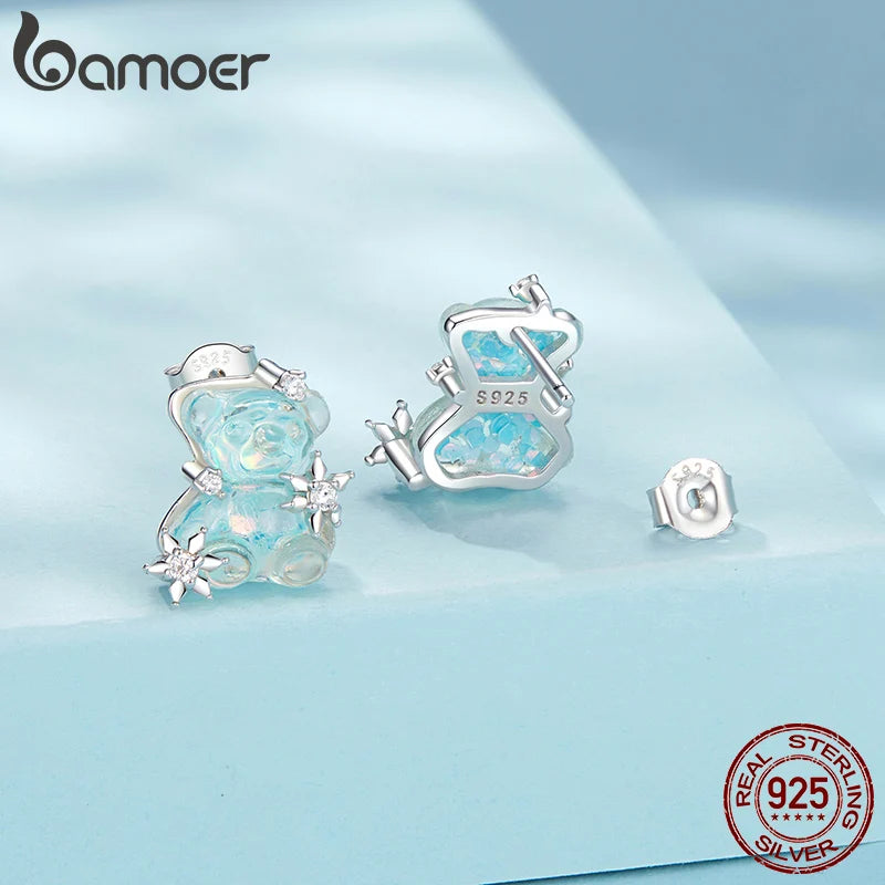 Sterling Silver White Gold Plated Cute Bear Stud Earrings for Women