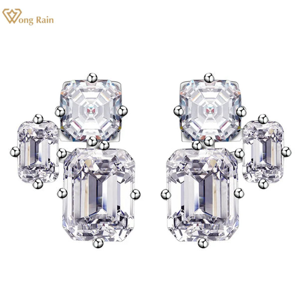 Wong Rain 925 Sterling Silver Asscher/Emerald Cut High Carbon Diamond Gemstone 18K Gold Plated Earrings Studs Party Fine Jewelry