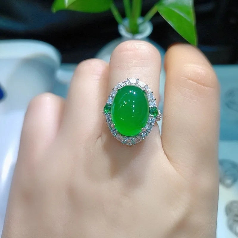 925 Silver Inlaid Green Jade Ring for Women