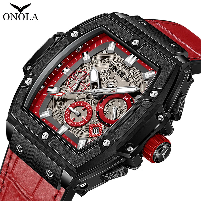 Stainless Steel Luxury Bucket Watch with Leather Band for Men