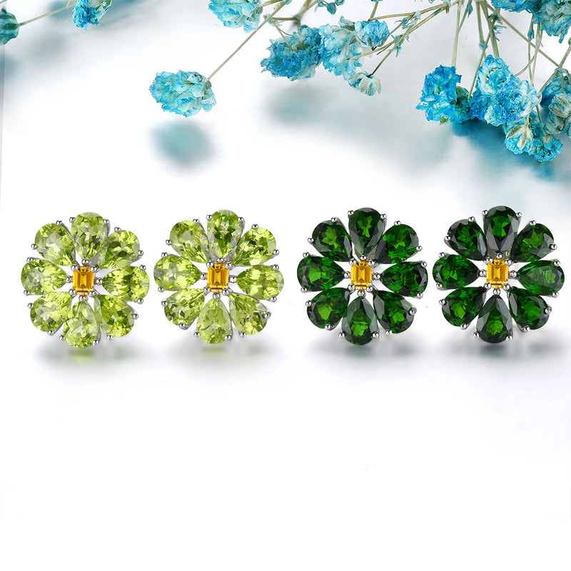 Silver Natural Peridot Citrine Stud Earrings 11.8 ctw Multicolor Gemstone for women.