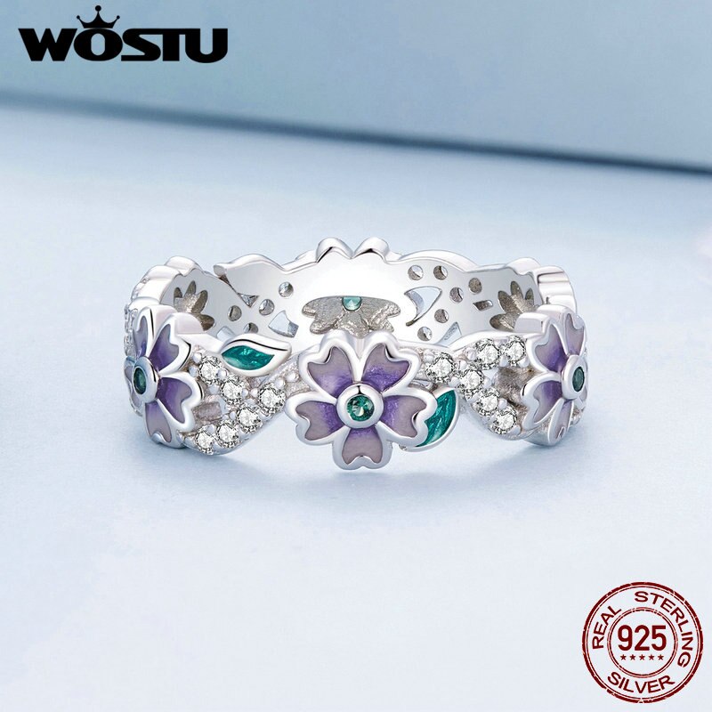 Sterling Silver Mystic Purple Flower & Vine Zircon Ring for Women