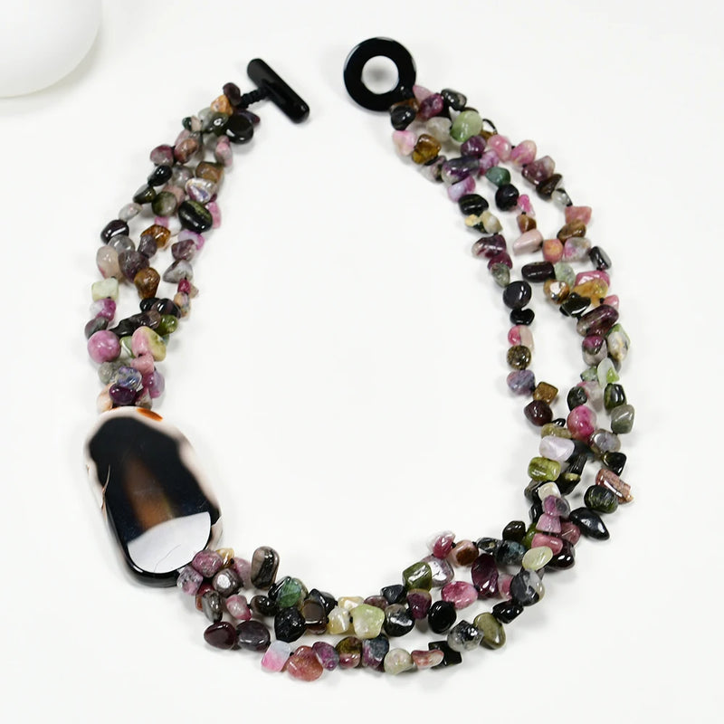 Sterling Silver Natural Tourmaline Agate Multi Strand Necklace for Women