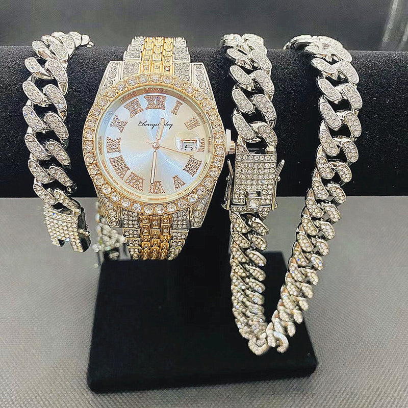 14K Gold Iced Out Watches Men's Cuban Link Chain Bracelet Necklace Set for Men