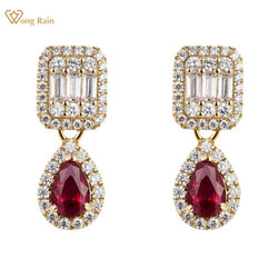 18K Gold Plated Sterling Silver Pear Cut Ruby and Diamond Drop Earrings for Women