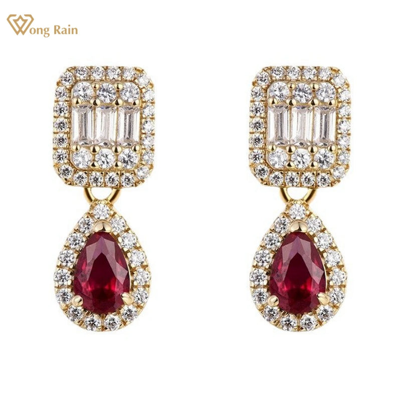 18K Gold Plated Sterling Silver Pear Cut Ruby and Diamond Drop Earrings for Women