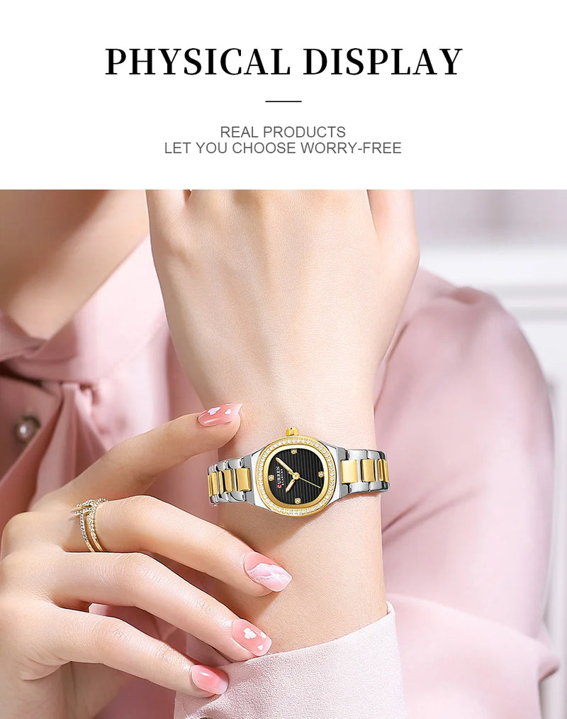 Stainless Steel Quartz Watch with Luminous Hands for Women