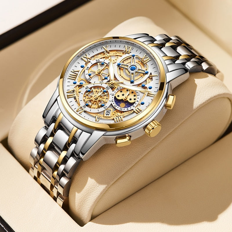 Stainless Steel Quartz Chronograph Sports Watch for Men