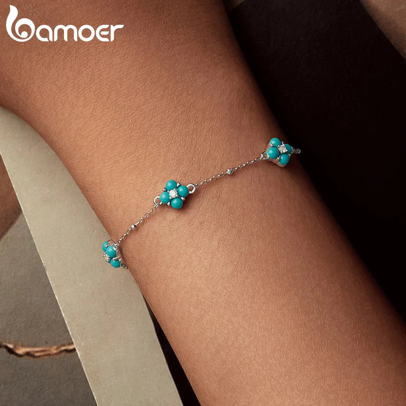 925 Sterling Silver Turquoise Clover Bracelet for Women