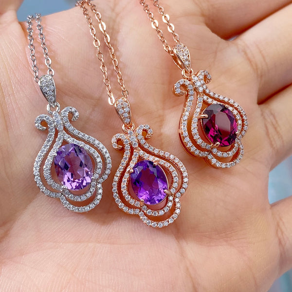 925 Sterling Silver Rose Gold Plated Amethyst Pyrope Zircon Pendant Necklace for Women