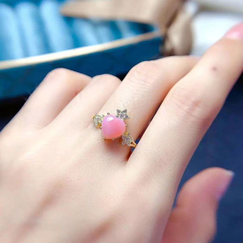 925 Sterling Silver Pink Opal Heart Ring for Women