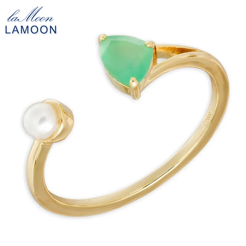 Gold Plated Silver Green Chalcedony Freshwater Pearl Adjustable Ring for Women