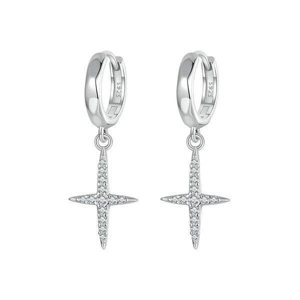 925 Sterling Silver Cubic Zircons Dainty Cross Hoop Earrings for Women