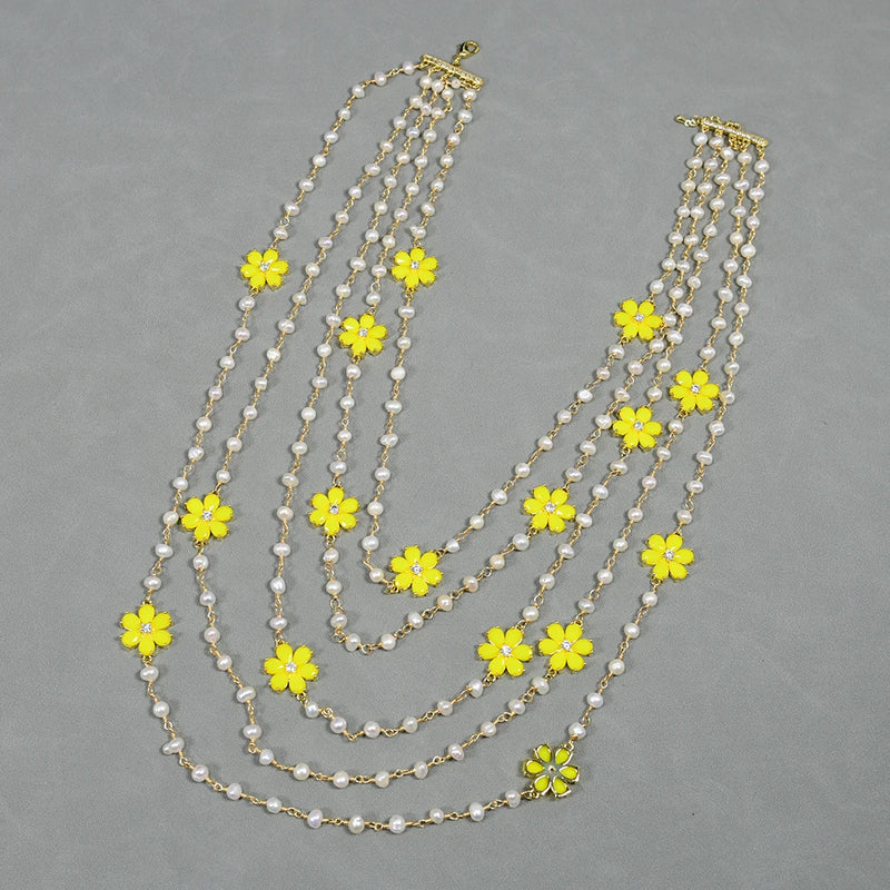 Gold Plated White Pearl 5 Rows Necklace with Yellow Jade Crystal Flower Connector for Women