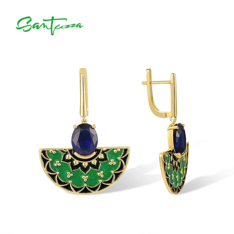 Sterling Silver Blue Stone Green Enamel Earrings for Women